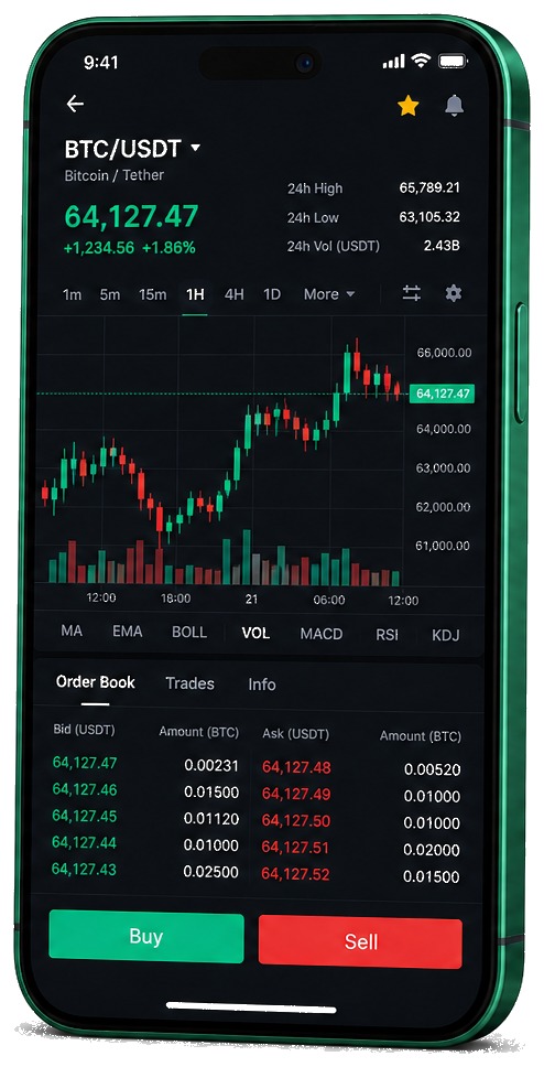 Nord Fondium mobiel handelsplatform — live BTC/USDT grafiek, orderboek en koop/verkoop interface